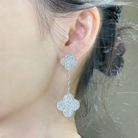 [Plus Jewelry]CLOVER 2 MOTIFS DIAMOND PAVED SILVER EARRINGS