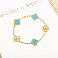 [Plus Jewelry]CLOVER 5 MOTIF TURQUOISE DIAMOND GOLD BRACELET